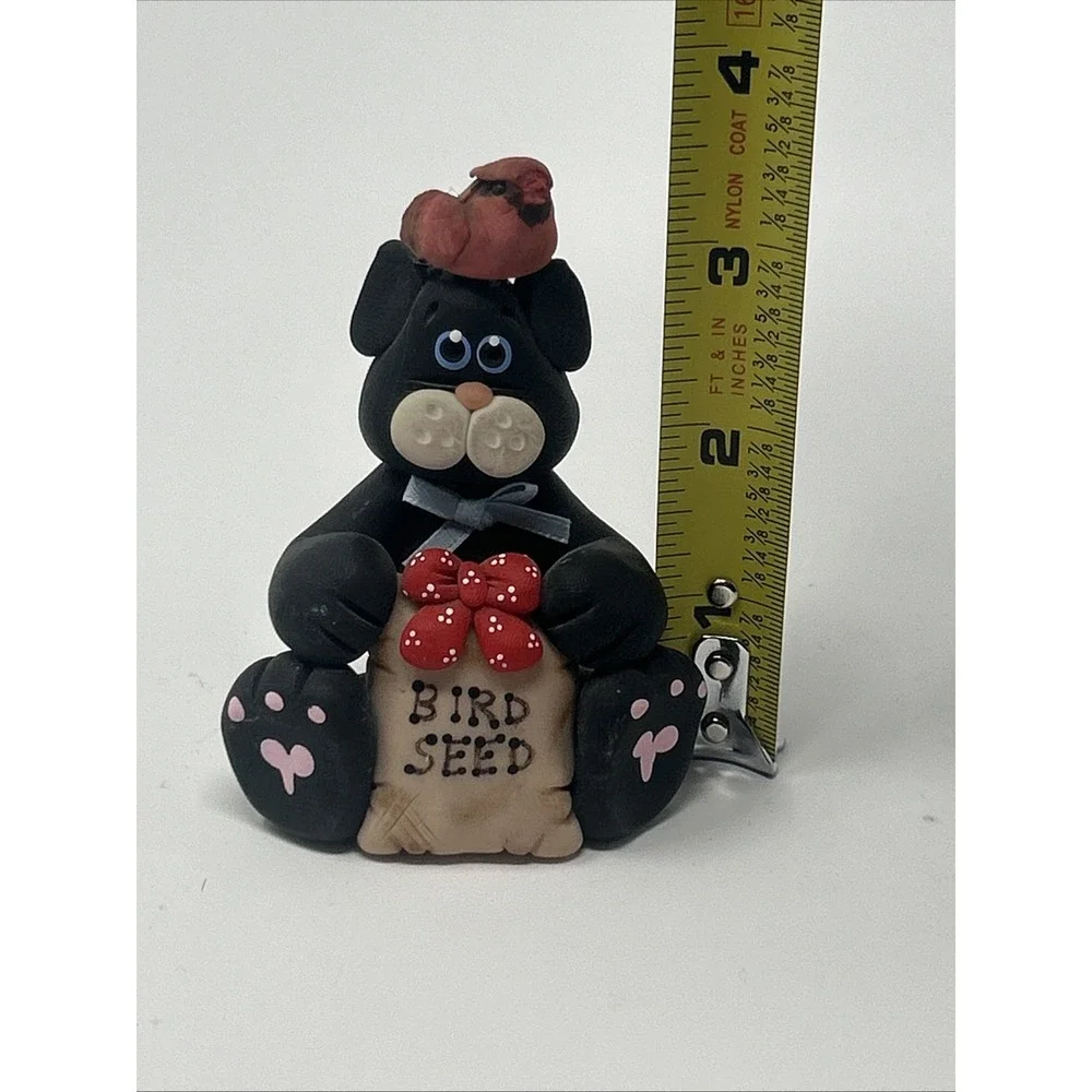 NEW Handmade Polymer Clay Figurine Black Cat w/ Bird Seed Bag & Cardinal on Head